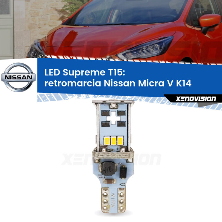 0 Retromarcia LED Nissan Micra V K14 2016 in poi: T15 Supreme <strong>LED retromarcia per Nissan Micra V</strong> K14 2016 in poi. 15 Chip CREE 3535, sviluppa un'incredibile potenza. Qualità Massima. Oltre 6W reali di pura potenza.