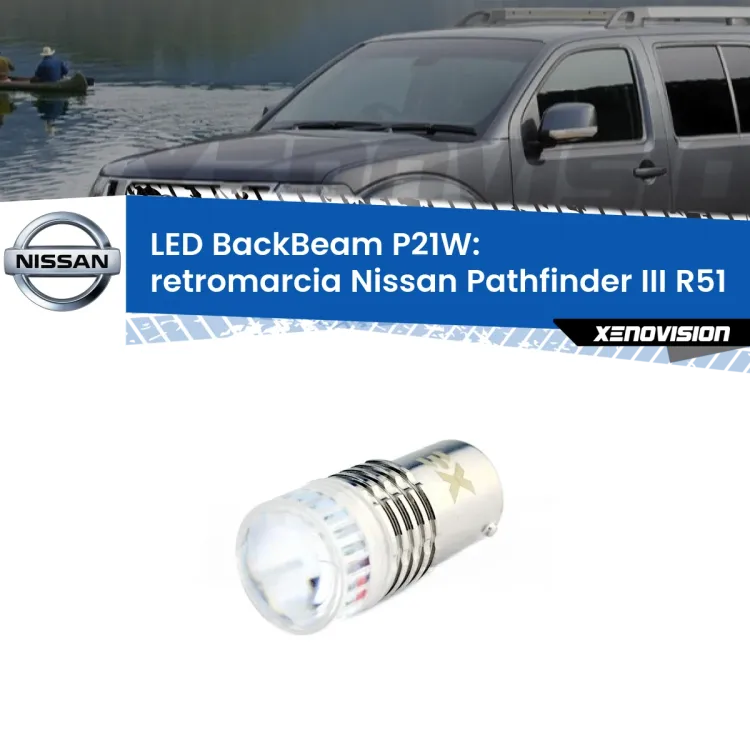0 Retromarcia LED Nissan Pathfinder III R51 2005 - 2011: P21W BackBeam <strong>Retromarcia LED per Nissan Pathfinder III</strong> R51 2005 - 2011. Lampada <strong>P21W</strong> canbus. Illumina a giorno con questo straordinario cannone LED a luminosità estrema.