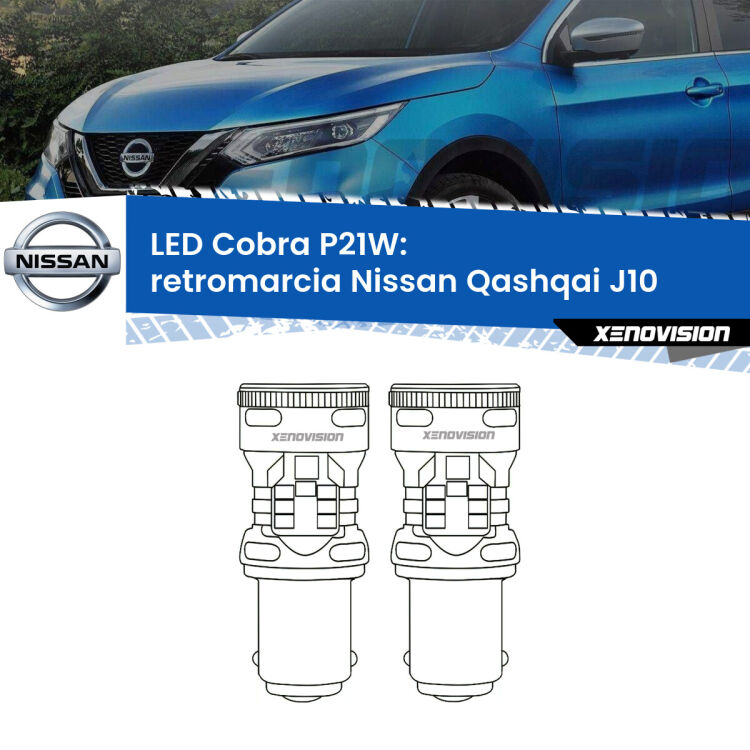0 Retromarcia LED Nissan Qashqai J10 2007 - 2013: P21W Cobra <strong>Retromarcia LED no-spie per Nissan Qashqai</strong> J10 2007 - 2013. Coppia lampade <strong>P21W</strong> modello Cobra super-canbus, raffreddate a ventola.