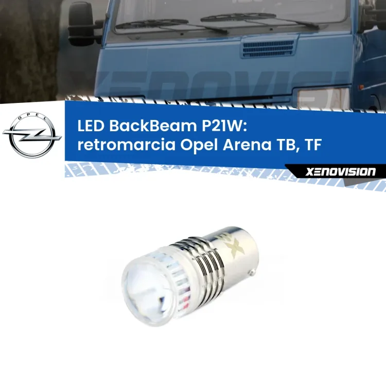 0 Retromarcia LED Opel Arena TB, TF 1998 - 2001: P21W BackBeam <strong>Retromarcia LED per Opel Arena</strong> TB, TF 1998 - 2001. Lampada <strong>P21W</strong> canbus. Illumina a giorno con questo straordinario cannone LED a luminosità estrema.