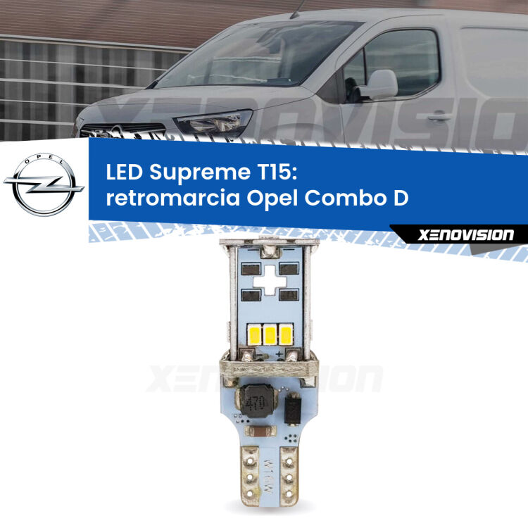 0 Retromarcia LED Opel Combo D  2012 - 2018: T15 Supreme <strong>LED retromarcia per Opel Combo D</strong>  2012 - 2018. 15 Chip CREE 3535, sviluppa un'incredibile potenza. Qualità Massima. Oltre 6W reali di pura potenza.