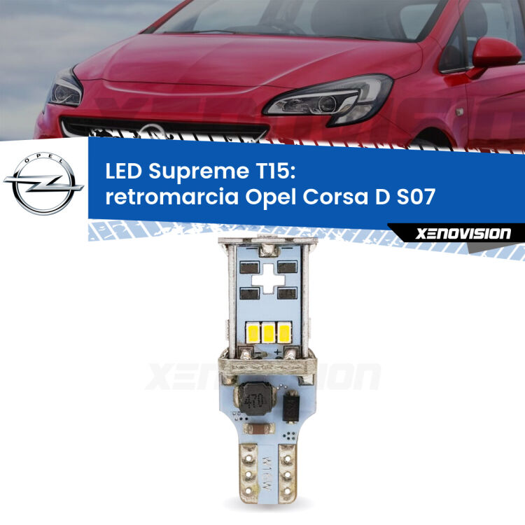 0 Retromarcia LED Opel Corsa D S07 5 porte: T15 Supreme <strong>LED retromarcia per Opel Corsa D</strong> S07 5 porte. 15 Chip CREE 3535, sviluppa un'incredibile potenza. Qualità Massima. Oltre 6W reali di pura potenza.