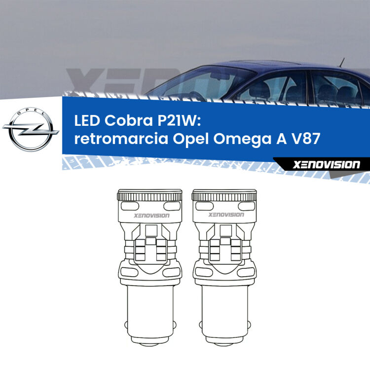 0 Retromarcia LED Opel Omega A V87 1986 - 1994: P21W Cobra <strong>Retromarcia LED no-spie per Opel Omega A</strong> V87 1986 - 1994. Coppia lampade <strong>P21W</strong> modello Cobra super-canbus, raffreddate a ventola.