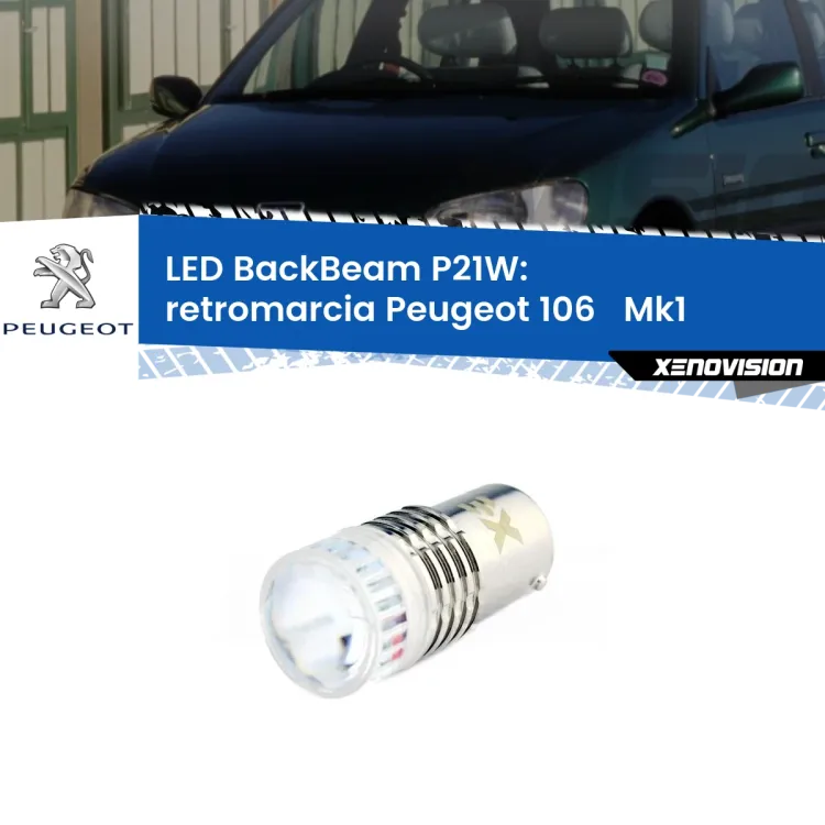 0 Retromarcia LED Peugeot 106 Mk1 1991 - 1996: P21W BackBeam <strong>Retromarcia LED per Peugeot 106 </strong> Mk1 1991 - 1996. Lampada <strong>P21W</strong> canbus. Illumina a giorno con questo straordinario cannone LED a luminosità estrema.