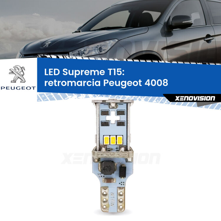 0 Retromarcia LED Peugeot 4008 2012 in poi: T15 Supreme <strong>LED retromarcia per Peugeot 4008</strong> 2012 in poi. 15 Chip CREE 3535, sviluppa un'incredibile potenza. Qualità Massima. Oltre 6W reali di pura potenza.