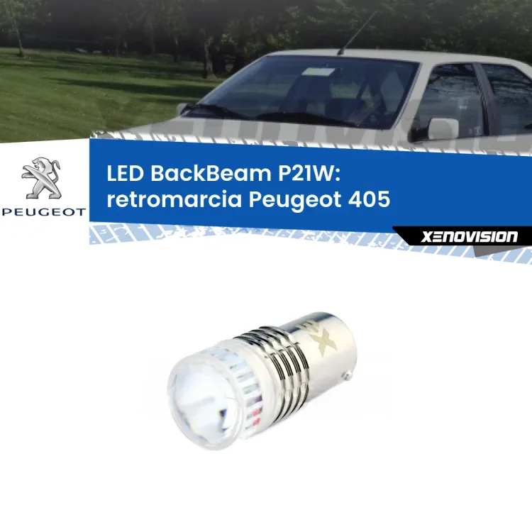 0 Retromarcia LED Peugeot 405  1987 - 1997: P21W BackBeam <strong>Retromarcia LED per Peugeot 405</strong>  1987 - 1997. Lampada <strong>P21W</strong> canbus. Illumina a giorno con questo straordinario cannone LED a luminosità estrema.