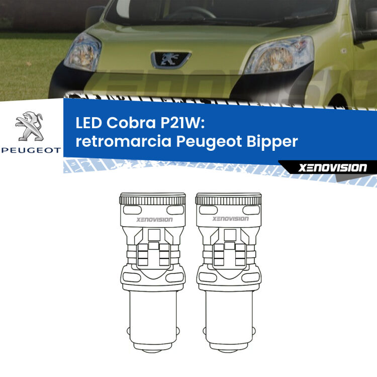 0 Retromarcia LED Peugeot Bipper 2008 in poi: P21W Cobra <strong>Retromarcia LED no-spie per Peugeot Bipper</strong> 2008 in poi. Coppia lampade <strong>P21W</strong> modello Cobra super-canbus, raffreddate a ventola.