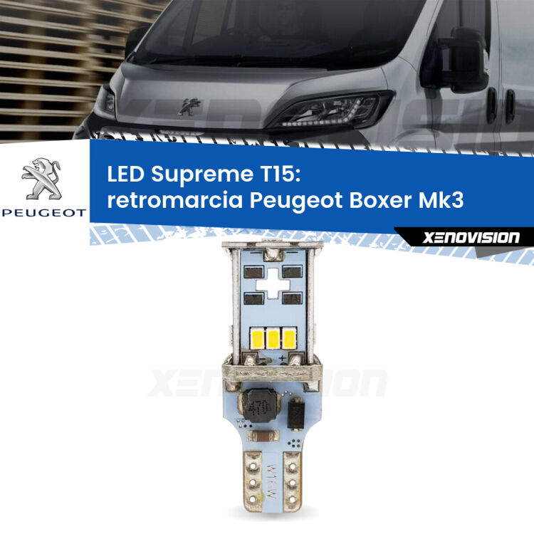 0 Retromarcia LED Peugeot Boxer Mk3 2014 in poi: T15 Supreme <strong>LED retromarcia per Peugeot Boxer</strong> Mk3 2014 in poi. 15 Chip CREE 3535, sviluppa un'incredibile potenza. Qualità Massima. Oltre 6W reali di pura potenza.