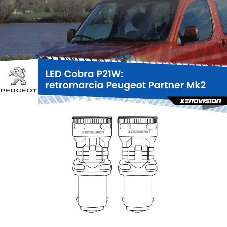 0 Retromarcia LED Peugeot Partner Mk2 2008 - 2016: P21W Cobra <strong>Retromarcia LED no-spie per Peugeot Partner</strong> Mk2 2008 - 2016. Coppia lampade <strong>P21W</strong> modello Cobra super-canbus, raffreddate a ventola.