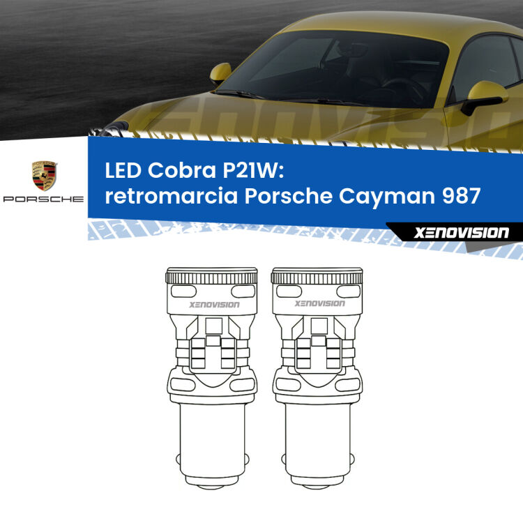 0 Retromarcia LED Porsche Cayman 987 2005 - 2008: P21W Cobra <strong>Retromarcia LED no-spie per Porsche Cayman</strong> 987 2005 - 2008. Coppia lampade <strong>P21W</strong> modello Cobra super-canbus, raffreddate a ventola.