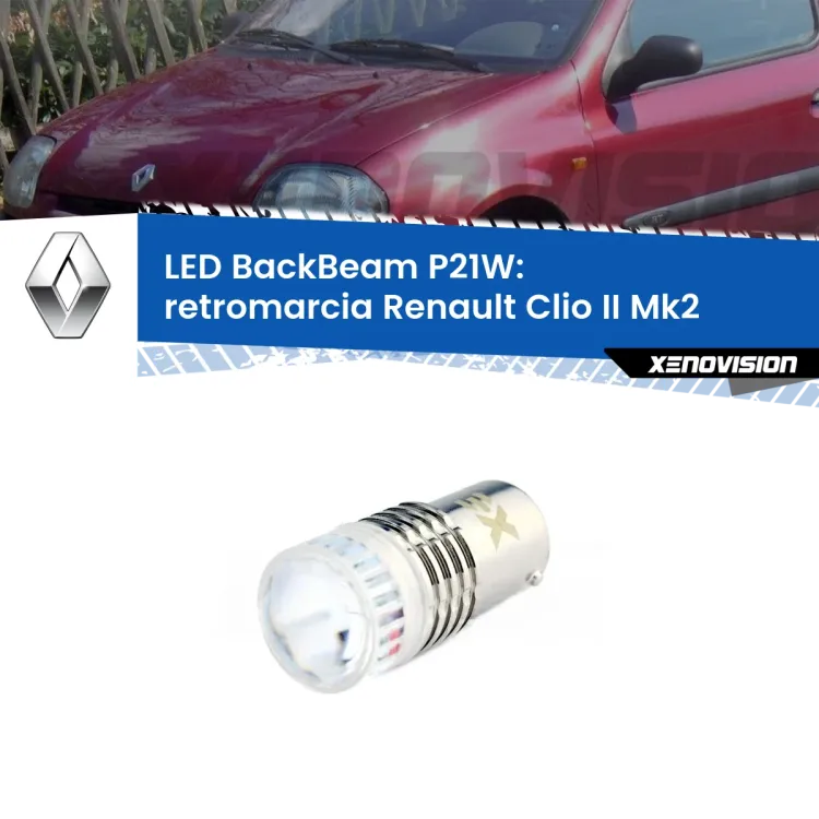 0 Retromarcia LED Renault Clio II Mk2 1998 - 2004: P21W BackBeam <strong>Retromarcia LED per Renault Clio II</strong> Mk2 1998 - 2004. Lampada <strong>P21W</strong> canbus. Illumina a giorno con questo straordinario cannone LED a luminosità estrema.
