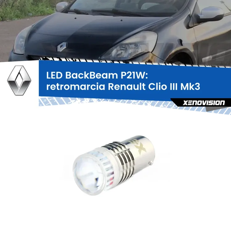 0 Retromarcia LED Renault Clio III 2005 - 2011: P21W BackBeam <strong>Retromarcia LED per Renault Clio III</strong> 2005 - 2011. Lampada <strong>P21W</strong> canbus. Illumina a giorno con questo straordinario cannone LED a luminosità estrema.