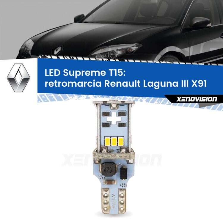 0 Retromarcia LED Renault Laguna III X91 2007 - 2015: T15 Supreme <strong>LED retromarcia per Renault Laguna III</strong> X91 2007 - 2015. 15 Chip CREE 3535, sviluppa un'incredibile potenza. Qualità Massima. Oltre 6W reali di pura potenza.