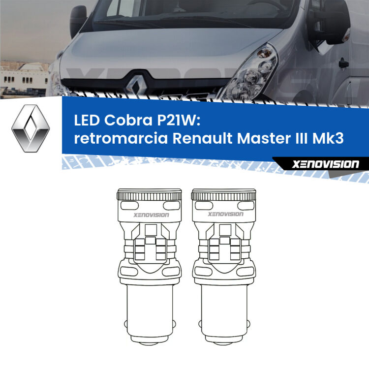 0 Retromarcia LED Renault Master III Mk3 2010 in poi: P21W Cobra <strong>Retromarcia LED no-spie per Renault Master III</strong> Mk3 2010 in poi. Coppia lampade <strong>P21W</strong> modello Cobra super-canbus, raffreddate a ventola.