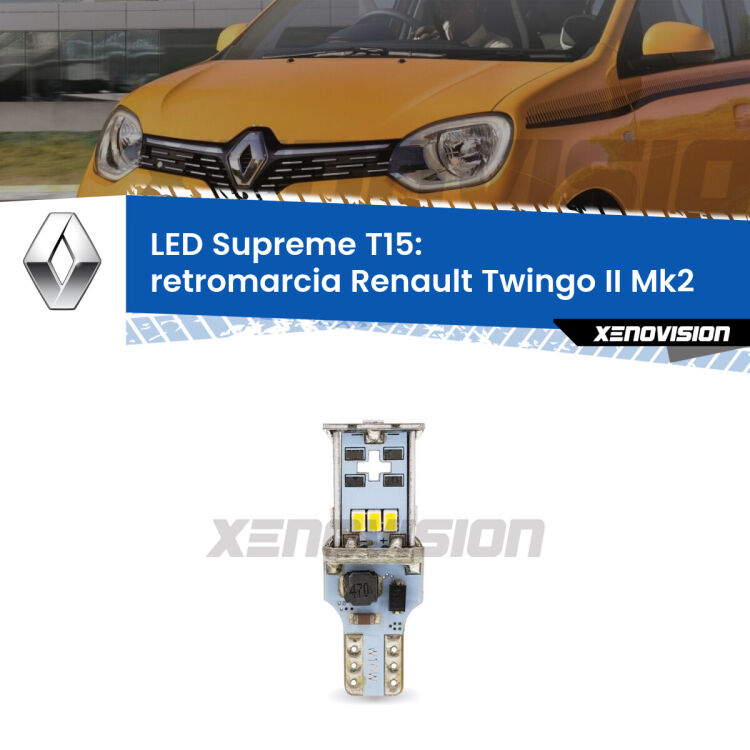 <strong>LED retromarcia per Renault Twingo II</strong> Mk2 2012 - 2013. 15 Chip CREE 3535, sviluppa un'incredibile potenza. Qualità Massima. Oltre 6W reali di pura potenza.