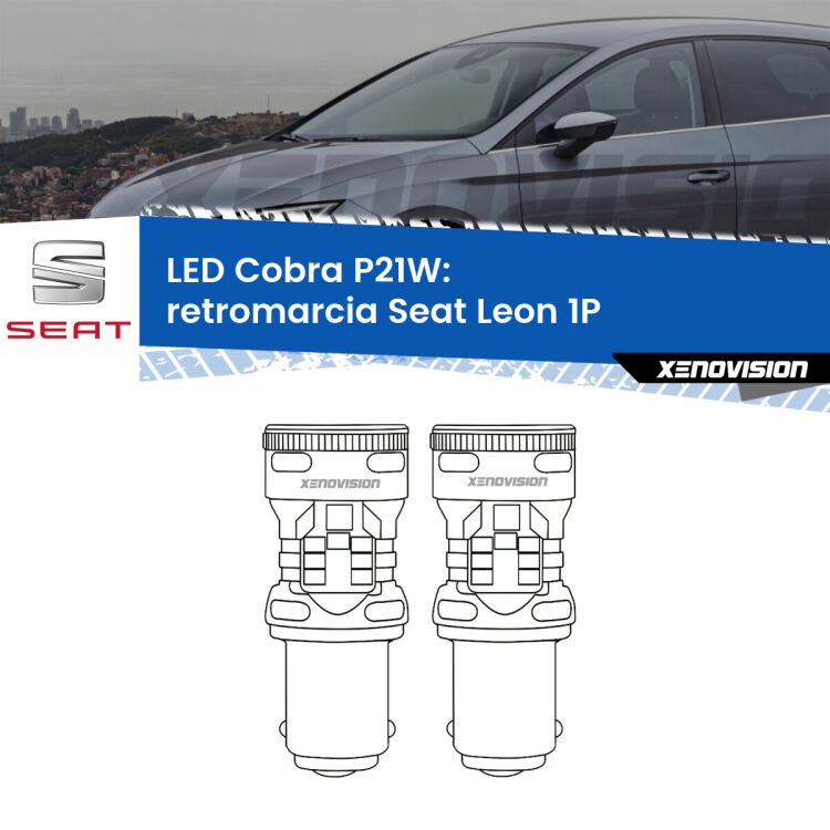 0 Retromarcia LED Seat Leon 1P 2005 - 2012: P21W Cobra <strong>Retromarcia LED no-spie per Seat Leon</strong> 1P 2005 - 2012. Coppia lampade <strong>P21W</strong> modello Cobra super-canbus, raffreddate a ventola.