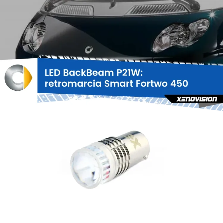 0 Retromarcia LED Smart Fortwo 450 2004 - 2007: P21W BackBeam <strong>Retromarcia LED per Smart Fortwo</strong> 450 2004 - 2007. Lampada <strong>P21W</strong> canbus. Illumina a giorno con questo straordinario cannone LED a luminosità estrema.