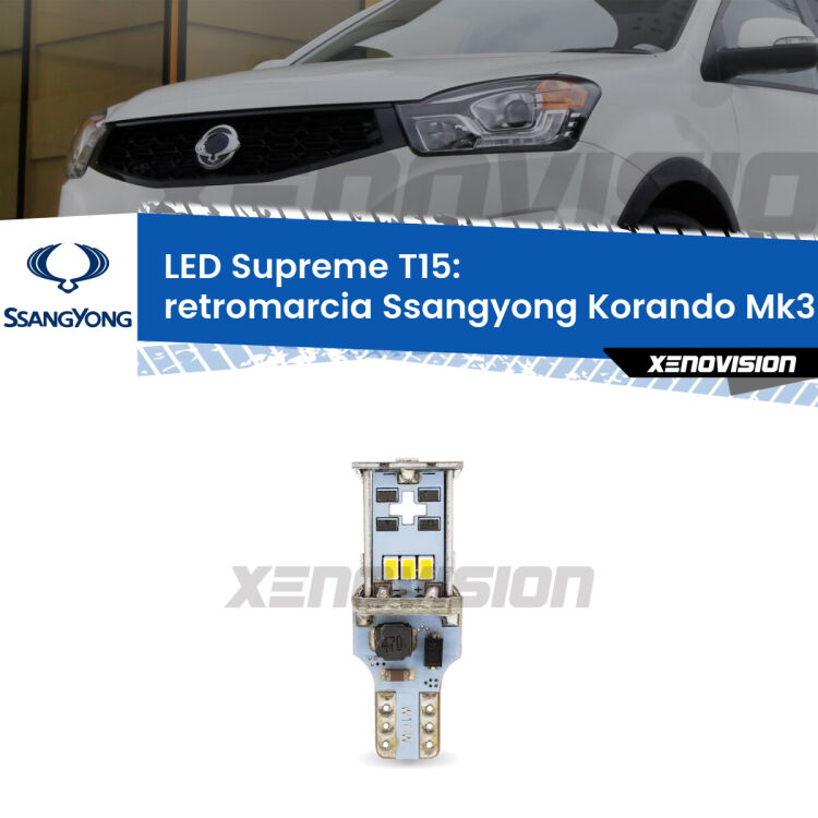 <strong>LED retromarcia per Ssangyong Korando</strong> Mk3 2013 - 2019. 15 Chip CREE 3535, sviluppa un'incredibile potenza. Qualità Massima. Oltre 6W reali di pura potenza.