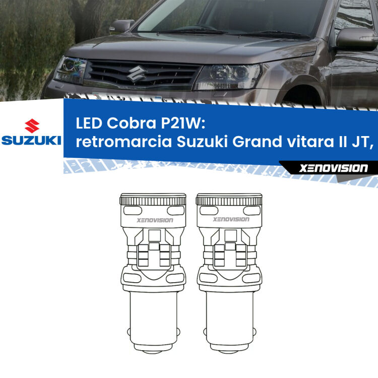 Retromarcia LED Suzuki Grand vitara II JT, TE, TD 2009 - 2015: P21W Cobra <strong>Retromarcia LED no-spie per Suzuki Grand vitara II</strong> JT, TE, TD 2009 - 2015. Coppia lampade <strong>P21W</strong> modello Cobra super-canbus, raffreddate a ventola.