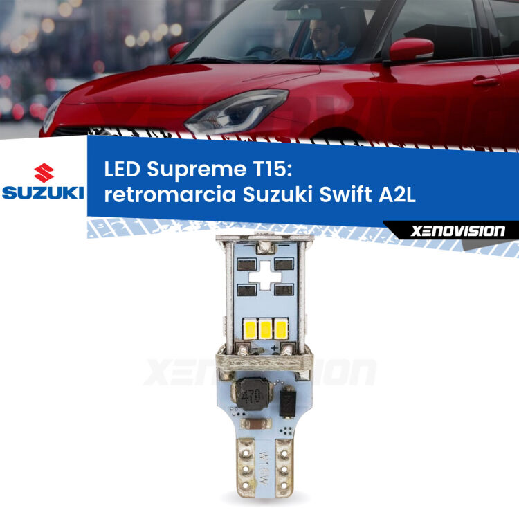 0 Retromarcia LED Suzuki Swift A2L 2017 in poi: T15 Supreme <strong>LED retromarcia per Suzuki Swift</strong> A2L 2017 in poi. 15 Chip CREE 3535, sviluppa un'incredibile potenza. Qualità Massima. Oltre 6W reali di pura potenza.
