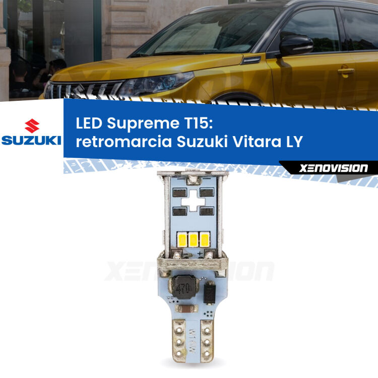 0 Retromarcia LED Suzuki Vitara LY 2015 in poi: T15 Supreme <strong>LED retromarcia per Suzuki Vitara</strong> LY 2015 in poi. 15 Chip CREE 3535, sviluppa un'incredibile potenza. Qualità Massima. Oltre 6W reali di pura potenza.