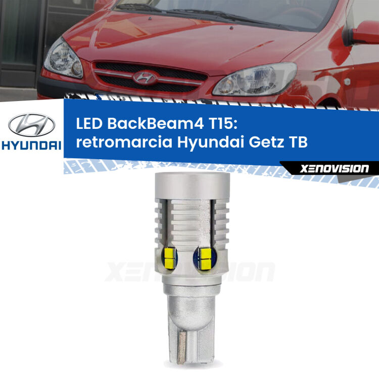 0 Retromarcia LED T15 BackBeam4 per Hyundai Getz TB 2002 - 2009 <strong>Retromarcia LED per Hyundai Getz</strong> TB 2002 - 2009. Lampada <strong>T15</strong> canbus modello BackBeam4.