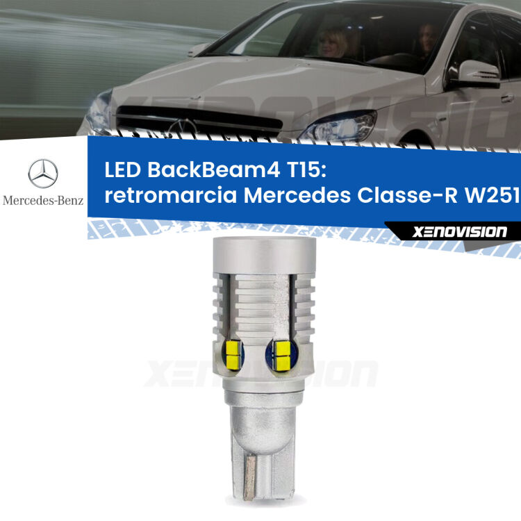 Retromarcia LED T15 BackBeam4 per Mercedes Classe-R W251, V251 2010 - 2014 <strong>Retromarcia LED per Mercedes Classe-R</strong> W251, V251 2010 - 2014. Lampada <strong>T15</strong> canbus modello BackBeam4.
