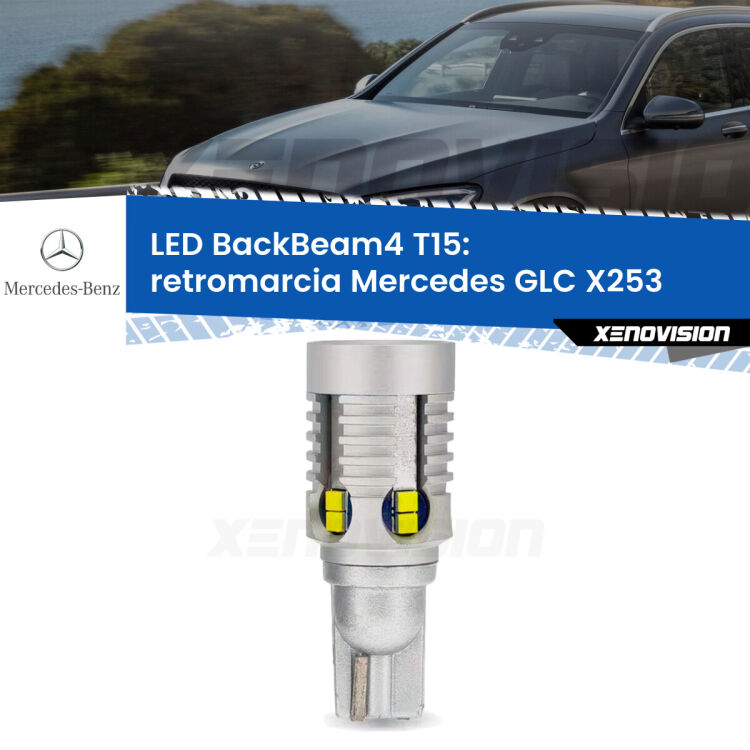 0 Retromarcia LED T15 BackBeam4 per Mercedes GLC X253 2015 - 2019 <strong>Retromarcia LED per Mercedes GLC</strong> X253 2015 - 2019. Lampada <strong>T15</strong> canbus modello BackBeam4.