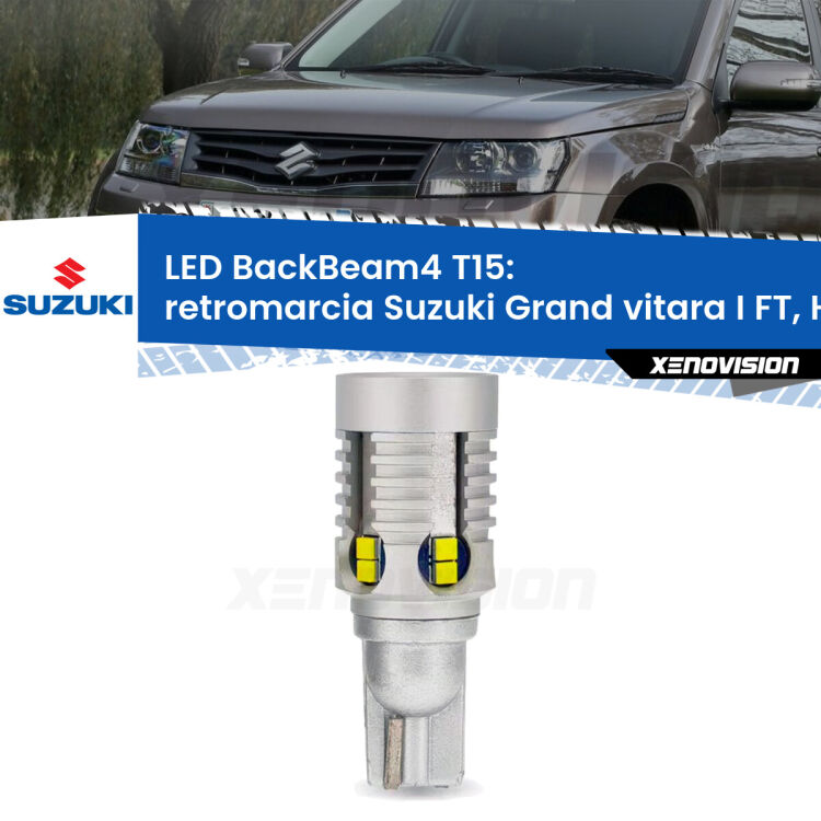 Retromarcia LED T15 BackBeam4 per Suzuki Grand vitara I FT, HT 1998 - 2006 <strong>Retromarcia LED per Suzuki Grand vitara I</strong> FT, HT 1998 - 2006. Lampada <strong>T15</strong> canbus modello BackBeam4.
