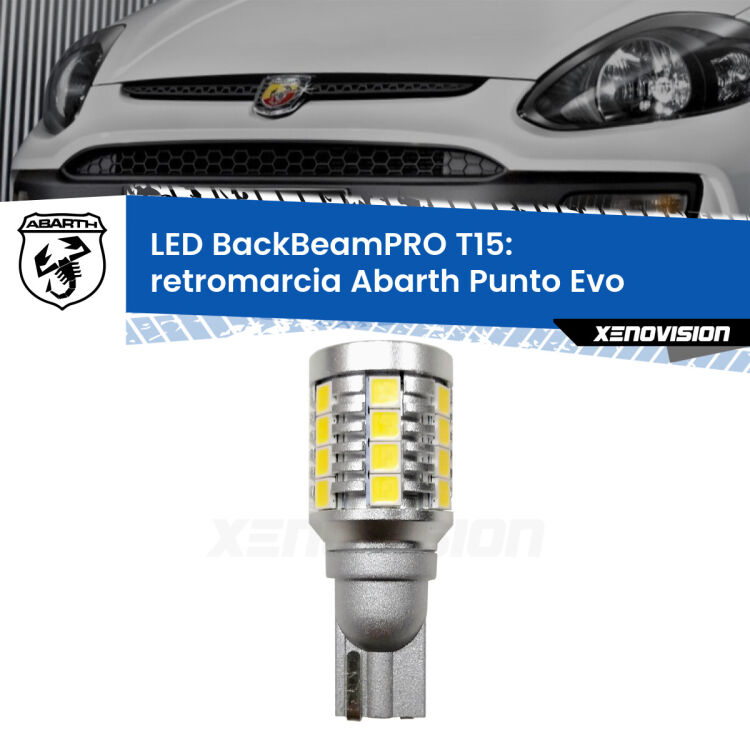 0 Retromarcia LED T15 BackBeamPRO per Abarth Punto Evo  2010 - 2014 <strong>Luce retromarcia LED per Abarth Punto Evo</strong>  2010 - 2014. Una lampadina <b>T15</b> esageratamente spinta: 15W di potenza, 20 volte più luce delle originali.