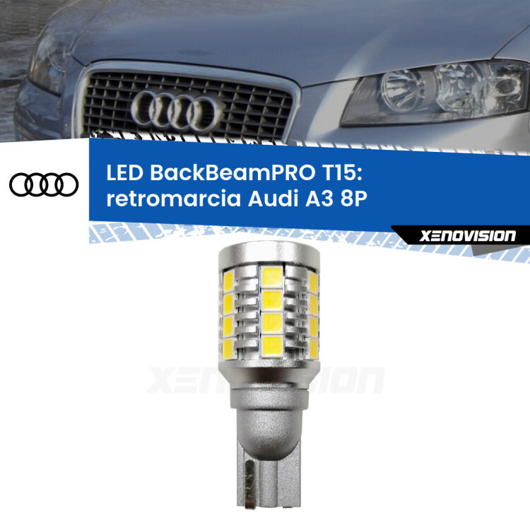 0 Retromarcia LED T15 BackBeamPRO per Audi A3 8P Sportback <strong>Luce retromarcia LED per Audi A3</strong> 8P Sportback. Una lampadina <b>T15</b> esageratamente spinta: 15W di potenza, 20 volte più luce delle originali.
