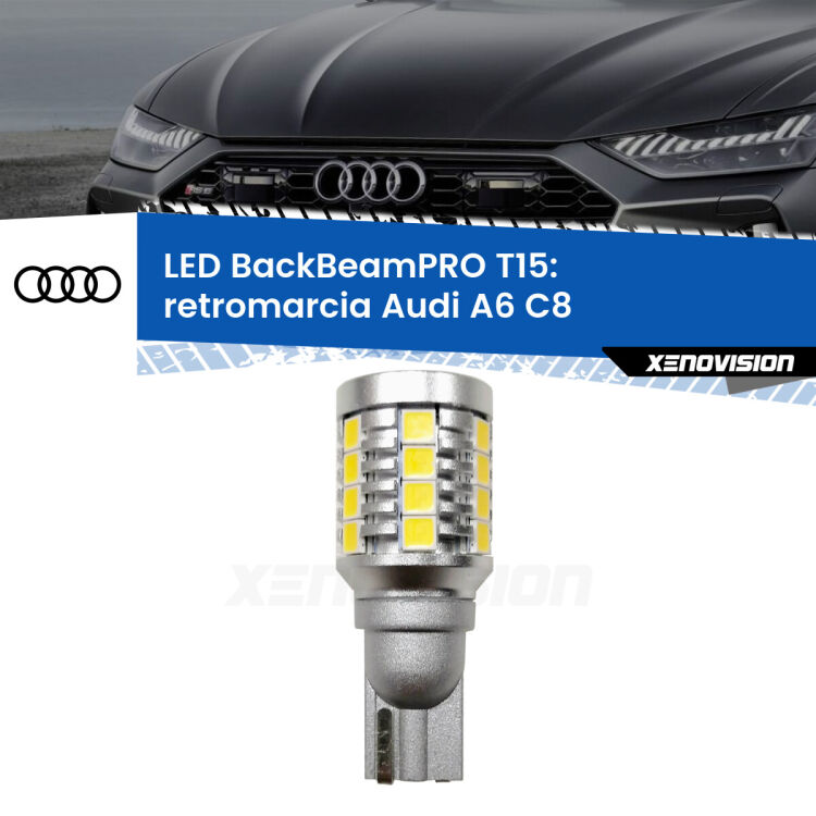0 Retromarcia LED T15 BackBeamPRO per Audi A6 C8 2018 in poi <strong>Luce retromarcia LED per Audi A6</strong> C8 2018 in poi. Una lampadina <b>T15</b> esageratamente spinta: 15W di potenza, 20 volte più luce delle originali.
