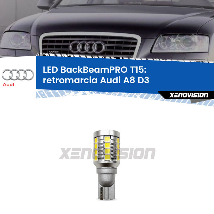 <strong>Luce retromarcia LED per Audi A8</strong> D3 2002 - 2009. Lampadina <b>T15</b> esageratamente spinta: 15W di potenza, 20 volte più luce delle originali.