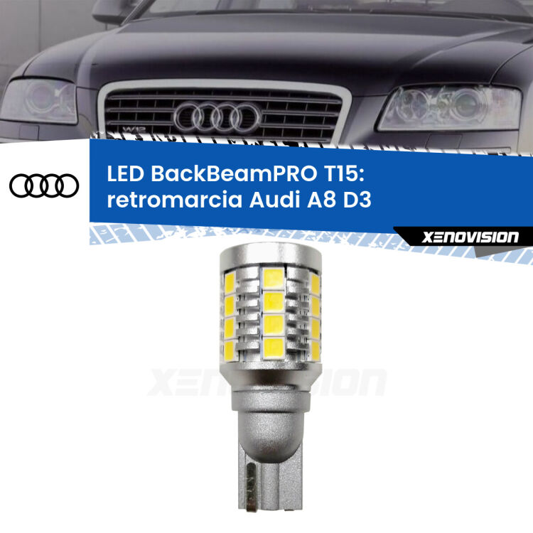 0 Retromarcia LED T15 BackBeamPRO per Audi A8 D3 2002 - 2009 <strong>Luce retromarcia LED per Audi A8</strong> D3 2002 - 2009. Una lampadina <b>T15</b> esageratamente spinta: 15W di potenza, 20 volte più luce delle originali.