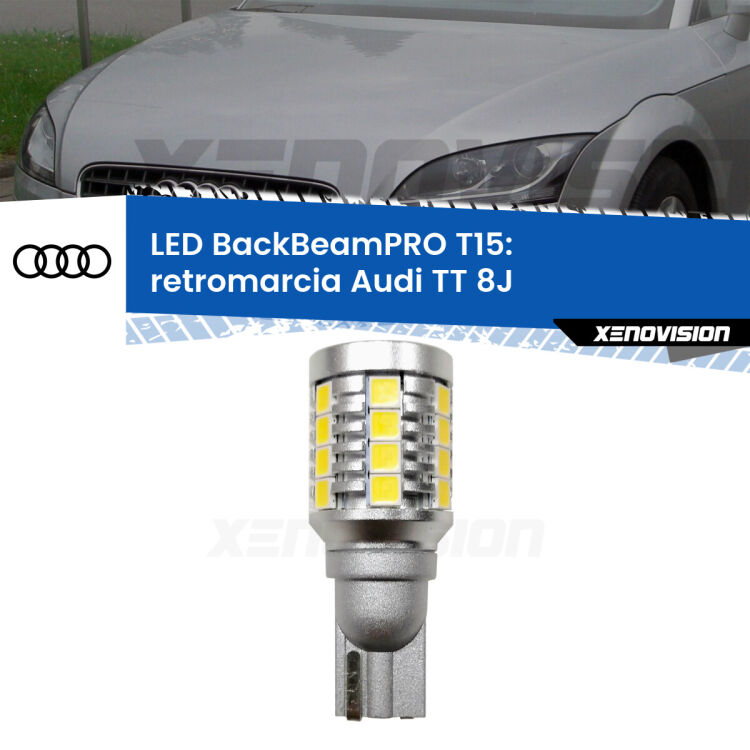 0 Retromarcia LED T15 BackBeamPRO per Audi TT 8J 2006 - 2014 <strong>Luce retromarcia LED per Audi TT</strong> 8J 2006 - 2014. Una lampadina <b>T15</b> esageratamente spinta: 15W di potenza, 20 volte più luce delle originali.
