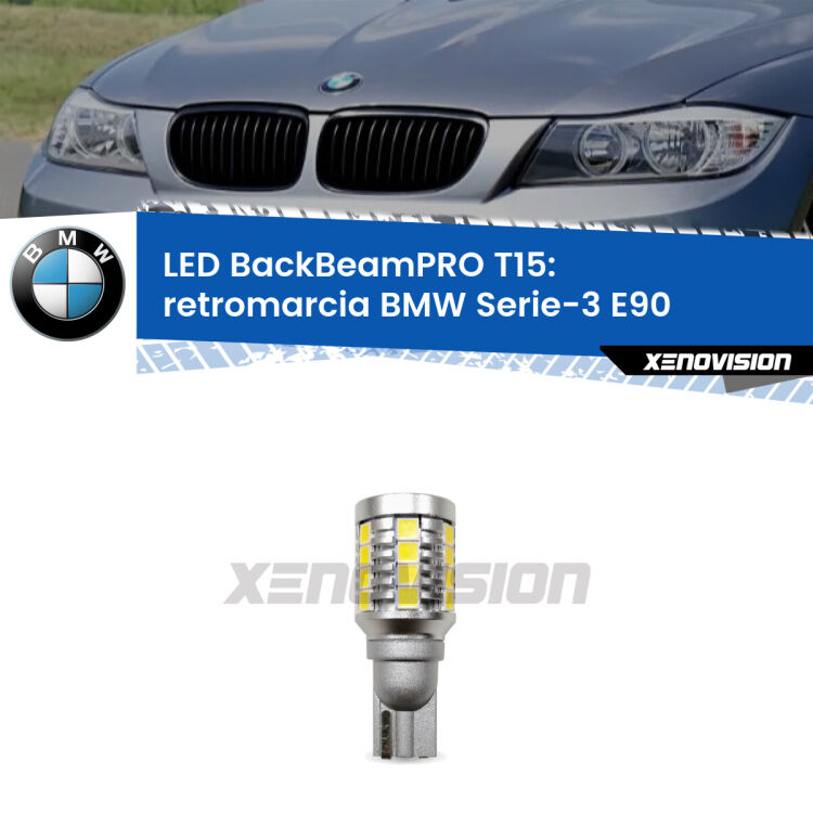 <strong>Luce retromarcia LED per BMW Serie-3</strong> E90 in poi. Lampadina <b>T15</b> esageratamente spinta: 15W di potenza, 20 volte più luce delle originali.