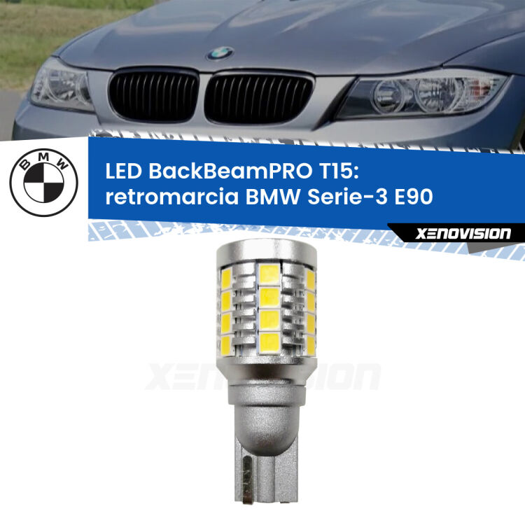 0 Retromarcia LED T15 BackBeamPRO per BMW Serie-3 E90 in poi <strong>Luce retromarcia LED per BMW Serie-3</strong> E90 in poi. Una lampadina <b>T15</b> esageratamente spinta: 15W di potenza, 20 volte più luce delle originali.