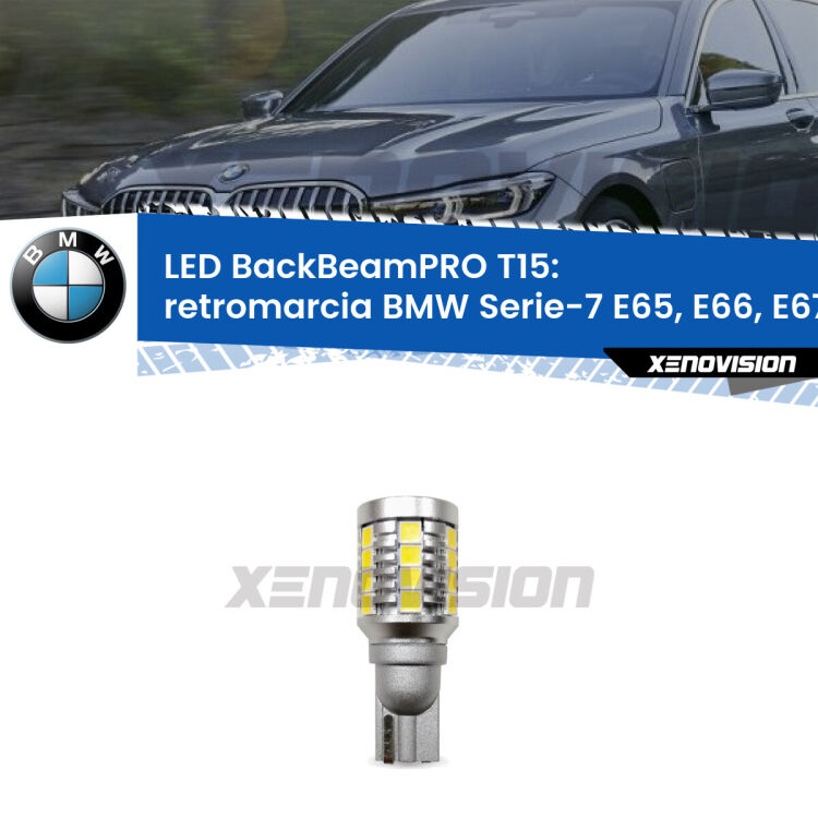 <strong>Luce retromarcia LED per BMW Serie-7</strong> E65, E66, E67 2001 - 2008. Lampadina <b>T15</b> esageratamente spinta: 15W di potenza, 20 volte più luce delle originali.