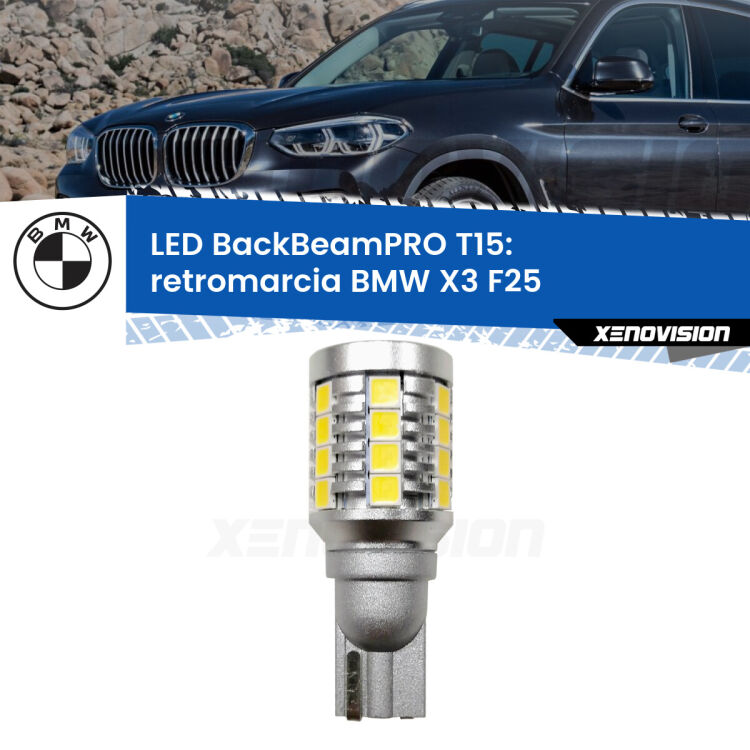 0 Retromarcia LED T15 BackBeamPRO per BMW X3 F25 2010 - 2016 <strong>Luce retromarcia LED per BMW X3</strong> F25 2010 - 2016. Una lampadina <b>T15</b> esageratamente spinta: 15W di potenza, 20 volte più luce delle originali.