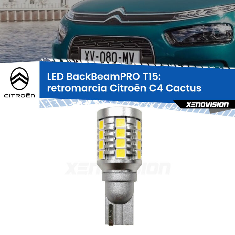 0 Retromarcia LED T15 BackBeamPRO per Citroën C4 Cactus 2018 in poi <strong>Luce retromarcia LED per Citroën C4 Cactus</strong> 2018 in poi. Una lampadina <b>T15</b> esageratamente spinta: 15W di potenza, 20 volte più luce delle originali.