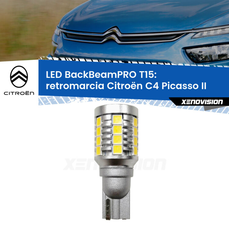 0 Retromarcia LED T15 BackBeamPRO per Citroën C4 Picasso II 2013 in poi <strong>Luce retromarcia LED per Citroën C4 Picasso</strong> II 2013 in poi. Una lampadina <b>T15</b> esageratamente spinta: 15W di potenza, 20 volte più luce delle originali.