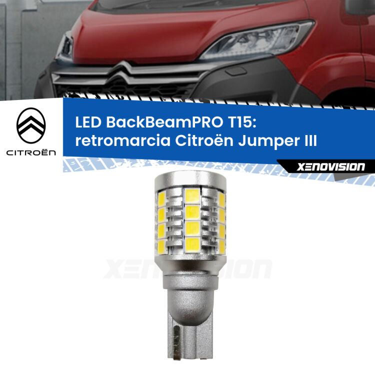 0 Retromarcia LED T15 BackBeamPRO per Citroën Jumper III in poi <strong>Luce retromarcia LED per Citroën Jumper</strong> III in poi. Una lampadina <b>T15</b> esageratamente spinta: 15W di potenza, 20 volte più luce delle originali.