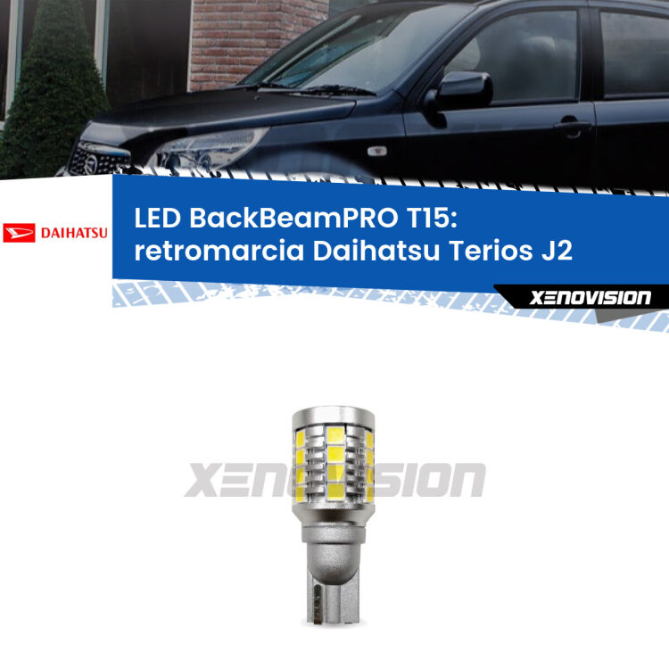 <strong>Luce retromarcia LED per Daihatsu Terios</strong> J2 2005 - 2009. Lampadina <b>T15</b> esageratamente spinta: 15W di potenza, 20 volte più luce delle originali.