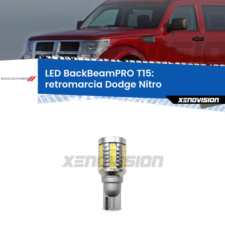 <strong>Luce retromarcia LED per Dodge Nitro</strong>  2006 - 2012. Lampadina <b>T15</b> esageratamente spinta: 15W di potenza, 20 volte più luce delle originali.