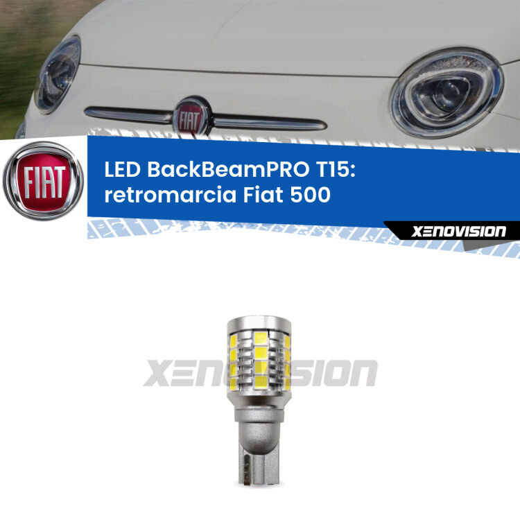 <strong>Luce retromarcia LED per Fiat 500</strong>  2015 - 2022. Lampadina <b>T15</b> esageratamente spinta: 15W di potenza, 20 volte più luce delle originali.