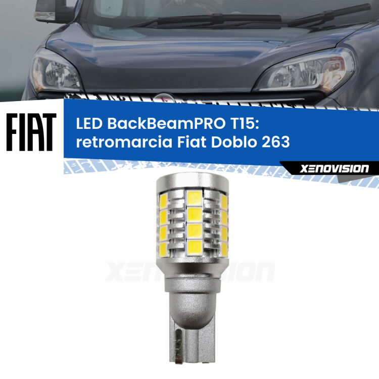 0 Retromarcia LED T15 BackBeamPRO per Fiat Doblo 263 2010 - 2014 <strong>Luce retromarcia LED per Fiat Doblo</strong> 263 2010 - 2014. Una lampadina <b>T15</b> esageratamente spinta: 15W di potenza, 20 volte più luce delle originali.
