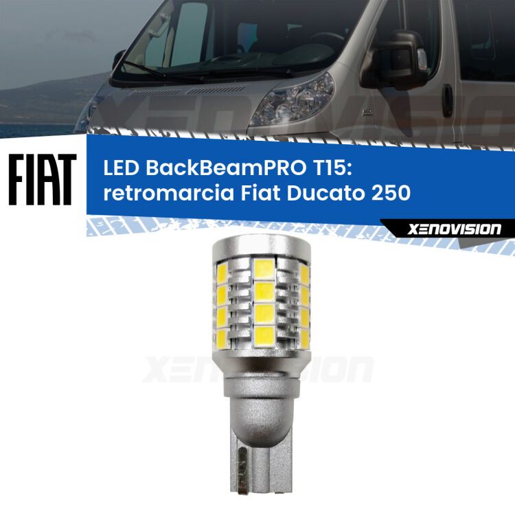 0 Retromarcia LED T15 BackBeamPRO per Fiat Ducato 250 2014 - 2018 <strong>Luce retromarcia LED per Fiat Ducato</strong> 250 2014 - 2018. Una lampadina <b>T15</b> esageratamente spinta: 15W di potenza, 20 volte più luce delle originali.