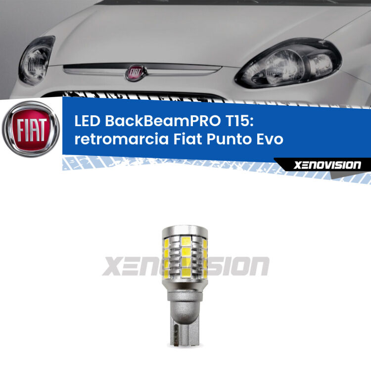 <strong>Luce retromarcia LED per Fiat Punto Evo</strong>  2009 - 2015. Lampadina <b>T15</b> esageratamente spinta: 15W di potenza, 20 volte più luce delle originali.
