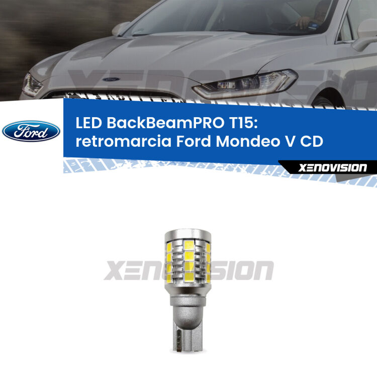 <strong>Luce retromarcia LED per Ford Mondeo V</strong> CD 2012 - 2016. Lampadina <b>T15</b> esageratamente spinta: 15W di potenza, 20 volte più luce delle originali.