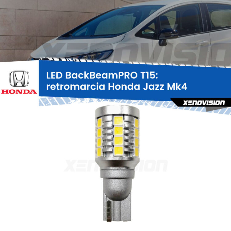 0 Retromarcia LED T15 BackBeamPRO per Honda Jazz Mk4 2013 - 2019 <strong>Luce retromarcia LED per Honda Jazz</strong> Mk4 2013 - 2019. Una lampadina <b>T15</b> esageratamente spinta: 15W di potenza, 20 volte più luce delle originali.